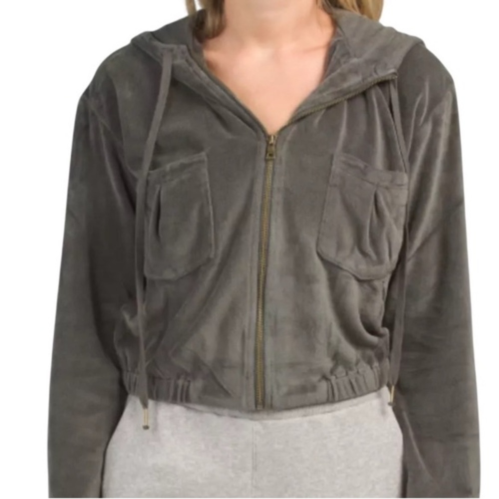 Young Fabulous & Broke Gray Velour Cropped Hooded Zip Up Sweatshirt size XS